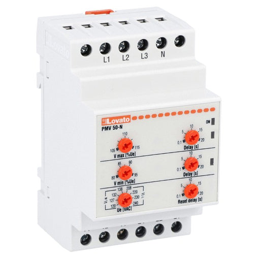 Lovato PMV50NA600, Voltage Monitoring Relay for Three-Phase System, With or Without Neutral, Minimum and Maximum AC Voltage, Phase Loss, Neutral Loss and Incorrect Phase Sequence, 480...600VAC 50/60Hz
