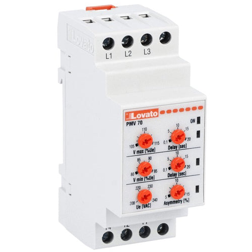 Lovato PMV70A600, Voltage Monitoring Relay for Three-Phase System, Without Neutral, Minimum and Maximum AC Voltage and Asymmetry, Phase Loss and Incorrect Phase Sequence, 600VAC 50/60Hz
