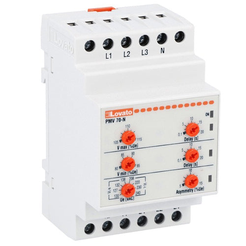 Lovato PMV70NA600, Voltage Monitoring Relay for Three-Phase System, With or Without Neutral, Minimum and Maximum AC Voltage and Asymmetry, Phase Loss, Neutral Loss and Incorrect Phase Sequence, 480...600VAC 50/60Hz