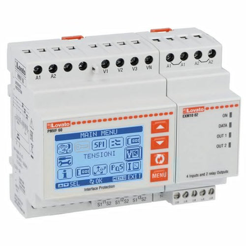 Lovato PMVF60, Interface Protection Unit Compliant with SHAMS DUBAI DRRG (DEWA), SEC (Saudi Electricity Company), With or Without Neutral, Low and Medium Voltage, Min and Max Voltage and Frequency Dual Threshold Protection, R.O.C.O.F and Vector Shift