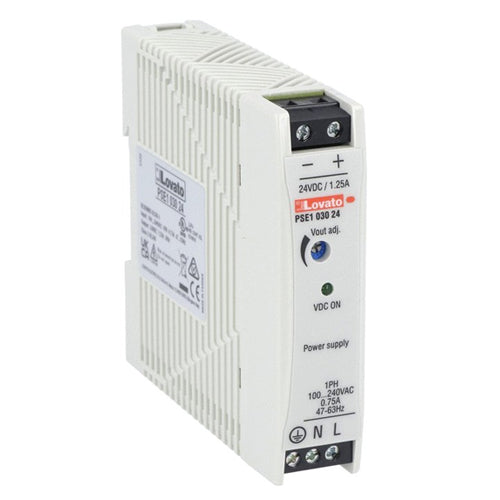 Lovato PSE103024, Compact Din Rail Switching Power Supply, Single Phase, 24VDC, 1.25A / 30W