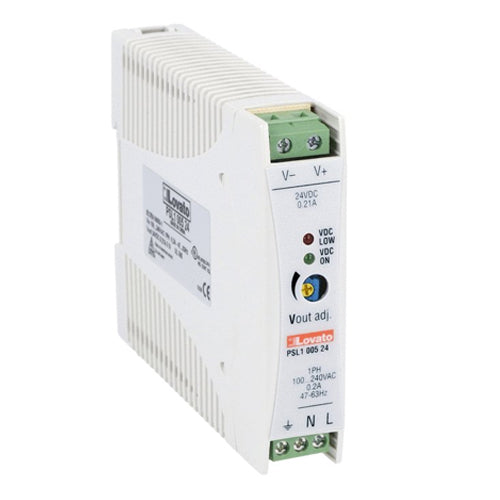 Lovato PSL100524, DIN Rail Mount Switching Power Supply, Single Phase, 100-240VAC Input, 24VDC 0.21A 5W Output