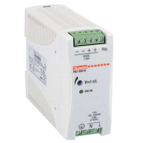 Lovato PSL103024, Din Rail Mount Switching Power Supplies with Maximum Functionality PSL Series, Single-Phase, Rated Output Voltage 24VDC, Rated Output Current 1.25A, Output Power 30W