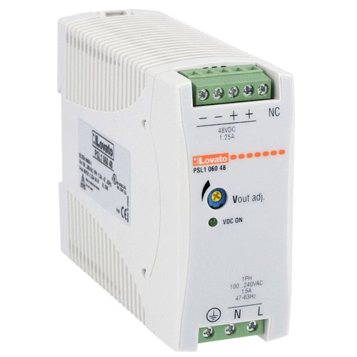 Lovato PSL106048, Din Rail Mount Switching Power Supplies with Maximum Functionality PSL Series, Single-Phase, Rated Output Voltage 48VDC, Rated Output Current 1.25A, Output Power 60W