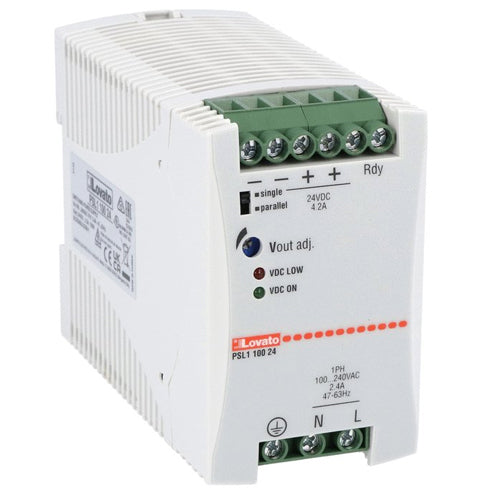 Lovato PSL110024, Din Rail Mount Switching Power Supplies with Maximum Functionality PSL Series, Single-Phase, Rated Output Voltage 24VDC, Rated Output Current 4.2A, Output Power 100W