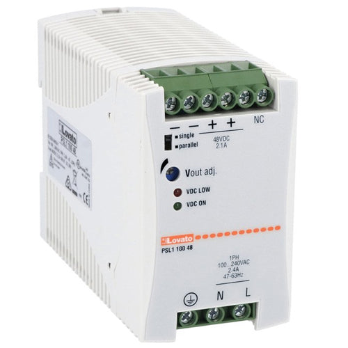 Lovato PSL110048, Din Rail Mount Switching Power Supplies with Maximum Functionality PSL Series, Single-Phase, Rated Output Voltage 48VDC, Rated Output Current 2.1A, Output Power 100W