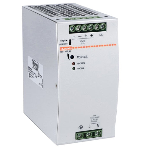 Lovato PSL112048, Din Rail Mount Switching Power Supplies with Maximum Functionality PSL Series, Single-Phase, Rated Output Voltage 48VDC, Rated Output Current 2.5A, Output Power 120W