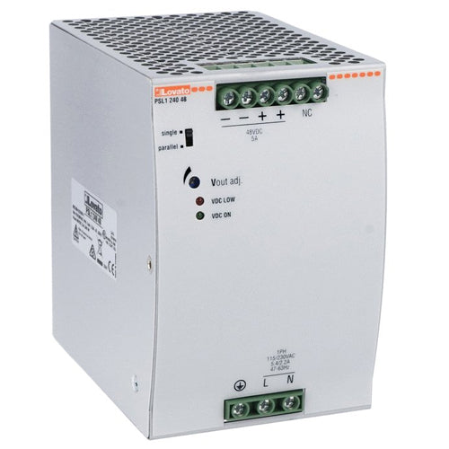 Lovato PSL124048, Din Rail Mount Switching Power Supplies with Maximum Functionality PSL Series, Single-Phase, Rated Output Voltage 48VDC, Rated Output Current 5A, Output Power 240W