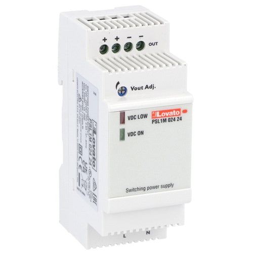 Lovato PSL1M02424, Modular Switching Power Supplies with Maximum Functionality and cULus PSL Series, Single-Phase, Rated Output Voltage 24VDC, Rated Output Current 1A, Output Power 24W