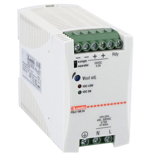 Lovato PSL210024, Din Rail Mount Switching Power Supplies with Maximum Functionality PSL Series, Two-Phase, Rated Output Voltage 24VDC, Rated Output Current 4.2A, Output Power 100W