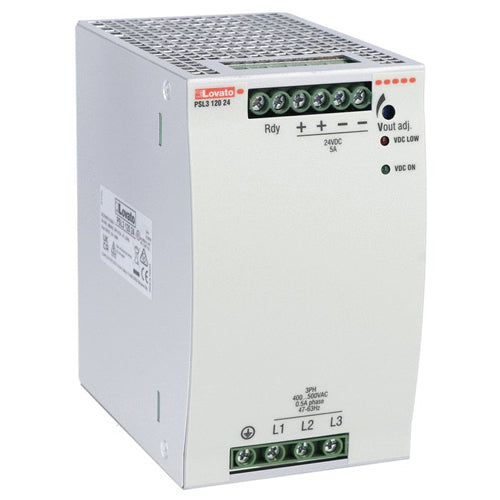 Lovato PSL312024, Din Rail Mount Switching Power Supplies with Maximum Functionality PSL Series, Three-Phase, Rated Output Voltage 24VDC, Rated Output Current 5A, Output Power 120W