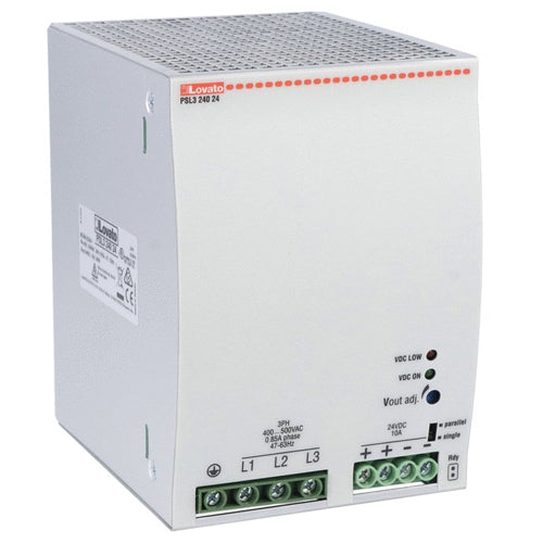 Lovato PSL324024, Din Rail Mount Switching Power Supplies with Maximum Functionality PSL Series, Three-Phase, Rated Output Voltage 24VDC, Rated Output Current 10A, Output Power 240W
