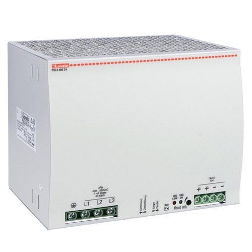 Lovato PSL348024, Din Rail Mount Switching Power Supplies with Maximum Functionality PSL Series, Three-Phase, Rated Output Voltage 24VDC, Rated Output Current 20A, Output Power 480W