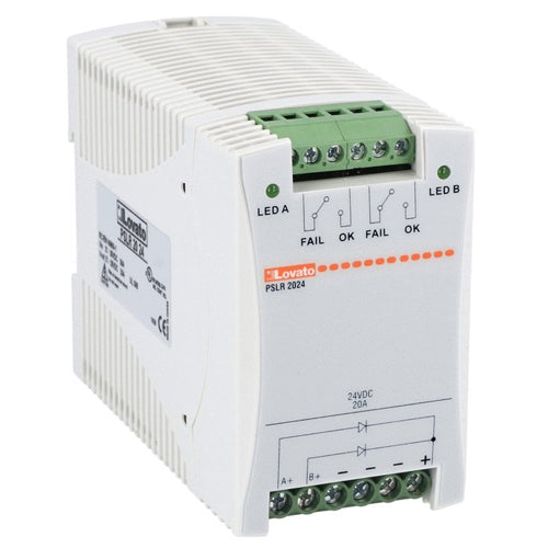 Lovato PSLR2024, Redundancy Module, Din Rail Mount Version, Rated Voltage 24VDC, Rated Output Current 20A