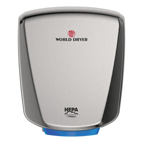 World Dryer Q-973A2, HEPA-Filtered VERDEdri High-Speed ADA Compliant Hand Dryer, 110-120/208/220-277V, Automatic Operation, Surface Mounted, Stainless Steel, Brushed
