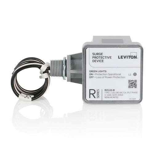 Leviton R2120-B, R Series Type 1 Surge Panel, 120/240 VAC, Split Phase, Max Surge Current Rating of 36kA per Mode/36kA per Phase, 200kA Short Circuit Current Rating (SCCR), NEMA 4X Rated Enclosure, Gray