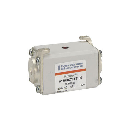 Mersen R301016, Square Body High-Speed Fuse, Fast Acting, Size 70 aR, 1250/1300VAC, 80A, With Striker Flush ends UNC threads