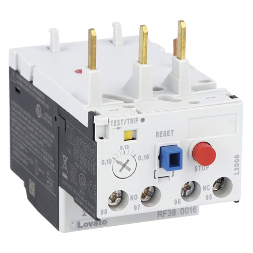 Lovato RF381400, Thermal Overload Relay, Phase Failure/Single Phase Sensitive, Three Poles (Three Phase), Manual or Automatic Resetting, Direct Mounting on BF09-BF38 Contactors, Adjustment Range 9...14A