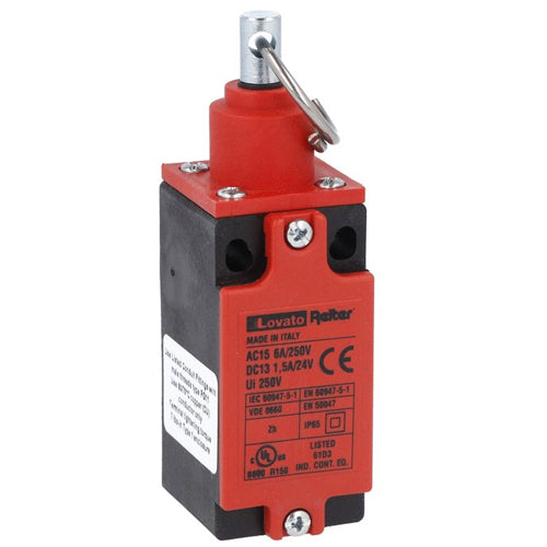 Lovato RS11310, Rope-Pull Lever Limit Switch for Normal Stopping, Dimensions to EN/BS 50047, Without Reset Button, Contacts 1NO+1NC Snap Action, Steel Ring