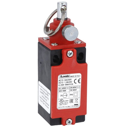 Lovato RS131310, Rope-Pull Lever Limit Switch for Emergency Stopping, ISO 13850 Compliant, With Reset Button, Contacts 1NO+1NC, 25N Operating Force