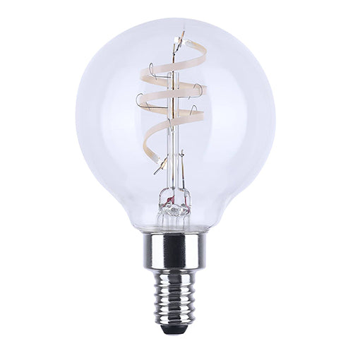 Satco S12561, G16.5 LED, Reminiscent, Flex Gray Coil Filament, 4W, 120V, 3000K Warm White, 350 Lumens, Candelabra E12 Base, Clear Finish