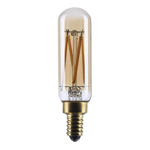 Satco S14216, 3.5T6L/920/E12/GCAS/D, Amber Straight Filament, T6 LED, 3.5W, 120V, 2000K Warm White, 300 Lumens, Candelabra E12 Base, Clear Amber Finish