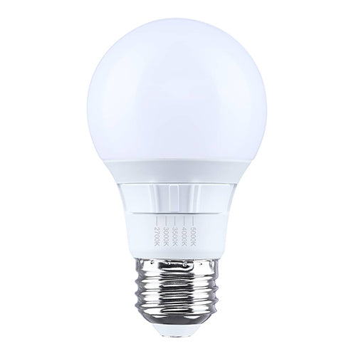 Satco S15192, 6A19L/9CCT5/E26/P/D/1PK, A19 LED, 6W, 120V, 2700/3000/3500/4000/5000K CCT Selectable, 450 Lumens, Medium E26 Base, Frost Finish, 1-Pack