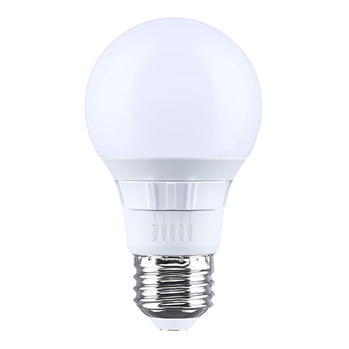 Satco S15193, 9.5A19L/9CCT5/E26/P/D/1PK, A19 LED, 6W, 120V, 2700/3000/3500/4000/5000K CCT Selectable, 800 Lumens, Medium E26 Base, Frost Finish, 1-Pack
