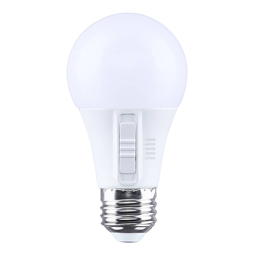 Satco S15197, 9.4A19L/9CCT5/E26/P/D/1PK, A19 LED, 9.4W, 120V, 2700/3000/3500/4000/5000K CCT Selectable, 800 Lumens, Medium E26 Base, Frost Finish, 1-Pack