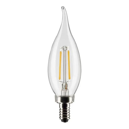 Satco S21294, CA10 LED Filament, 3W, 120V, 2700K Warm White, 200 Lumens, Candelabra E12 Base, Clear Finish