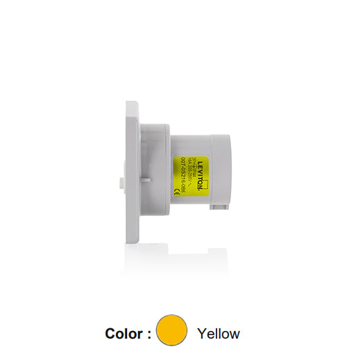 Leviton S216-B4, International Configuration Pin & Sleeve Panel Mounting Inlet, Industrial Grade, 16 Amp, 100-130 Volt, 2P+E (2P, 3W), Clock Position 4, IP44, Splashproof, Yellow