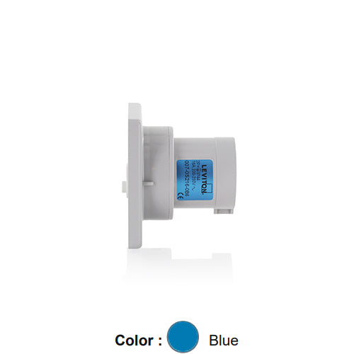 Leviton S216-B6, International Configuration Pin & Sleeve Panel Mounting Inlet, Industrial Grade, 16 Amp, 200-250 Volt, 2P+E (2P, 3W), Clock Position 6, IP44, Splashproof, Blue