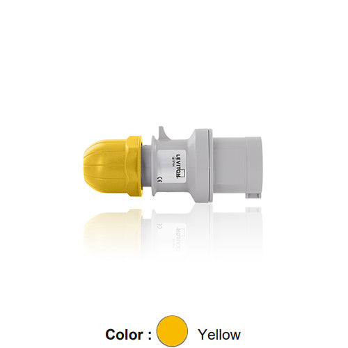 Leviton S216-P4, International Configuration Pin & Sleeve Plug, Industrial Grade, 16 Amp, 100-130 Volt, 2P+E (2P, 3W), Clock Position 4, IP44, Splashproof, Yellow