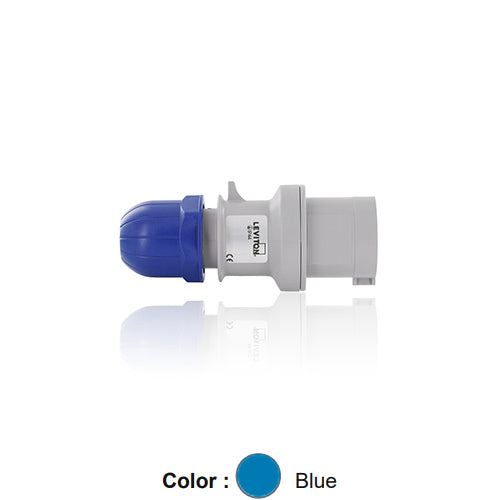 Leviton S216-P6, International Configuration Pin & Sleeve Plug, Industrial Grade, 16 Amp, 200-250 Volt, 2P+E (2P, 3W), Clock Position 6, IP44, Splashproof, Blue