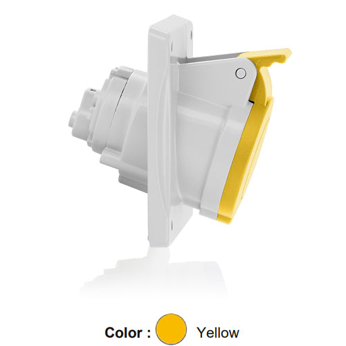 Leviton S216-R4, International Configuration Pin & Sleeve Panel Mounting Socket Outlet, Industrial Grade, 16 Amp, 100-130 Volt, 2P+E (2P, 3W), Clock Position 4, IP44, Splashproof, Yellow
