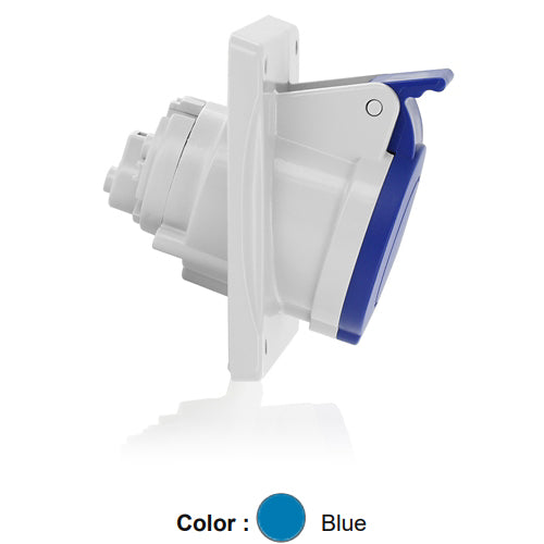 Leviton S216-R6, International Configuration Pin & Sleeve Panel Mounting Socket Outlet, Industrial Grade, 16 Amp, 200-250 Volt, 2P+E (2P, 3W), Clock Position 6, IP44, Splashproof, Blue
