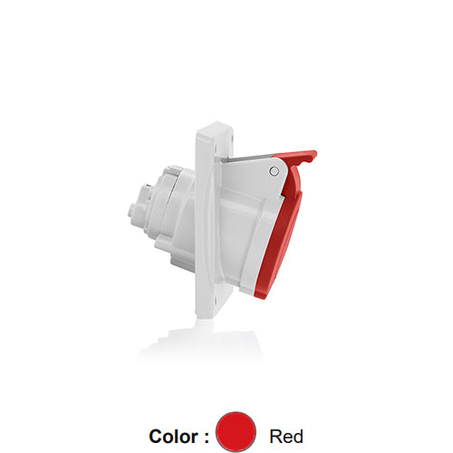 Leviton S216-R9, International Configuration Pin & Sleeve Panel Mounting Socket Outlet, Industrial Grade, 16 Amp, 380-415 Volt, 2P+E (2P, 3W), Clock Position 9, IP44, Splashproof, Red