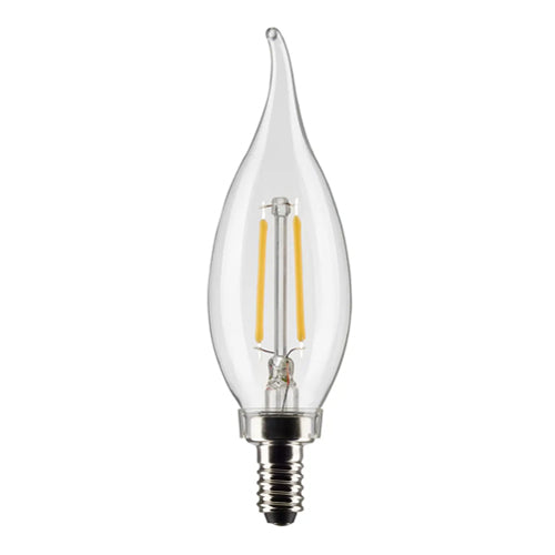 Satco S21839, CA10 LED Filament, 3W, 120V, 2700K Warm White, 200 Lumens, Candelabra E12 Base, Clear Finish