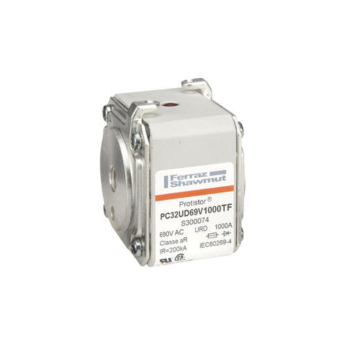 Mersen S300074, Square Body High-Speed Fuse, Fast Acting, Size 32 aR, 690/700VAC, 1000A, With Striker Flush ends metric threads