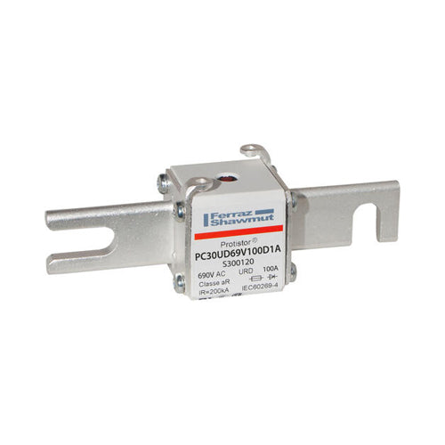 Mersen S300120, Square Body High-Speed Fuse, Fast Acting, Size 30 aR, 690/700VAC, 100A, With Striker DIN 110 Blades