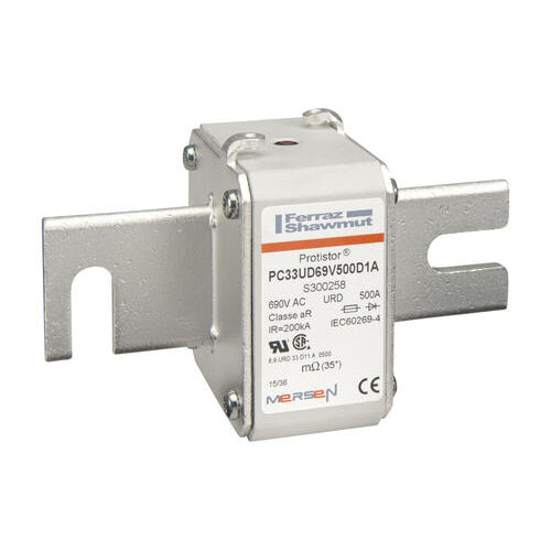 Mersen S300258, Square Body High-Speed Fuse, Fast Acting, Size 33 aR, 690/700VAC, 500A, With Striker DIN 110 Blades