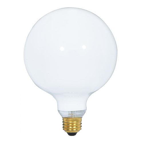 Satco S3002-TF, G40 Incandescent, 60W, 120V, 2700K Warm White, 550 Lumens, Medium E26 Base, Shatter Proof, Gloss White Finish
