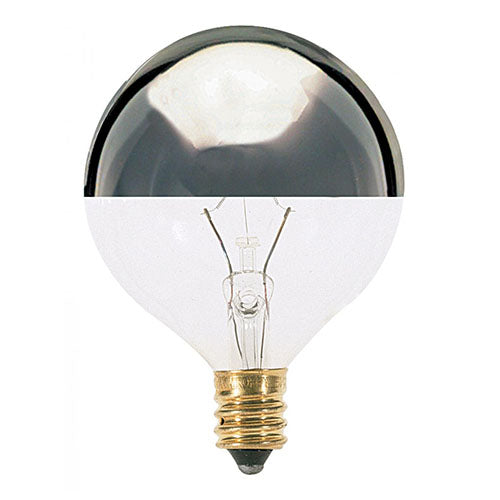 Satco S3246, G16 1/2 Incandescent, 60W, 120V, 2700K Warm White, 672 Lumens, Candelabra E12 Base, Silver Crown Finish, 25 Packs