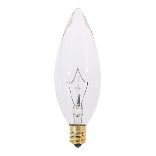 Satco S3386, B10 Incandescent, 25W, 220V, 2700K Warm White, 200 Lumens, Candelabra E12 Base, Clear Finish, 25 Packs