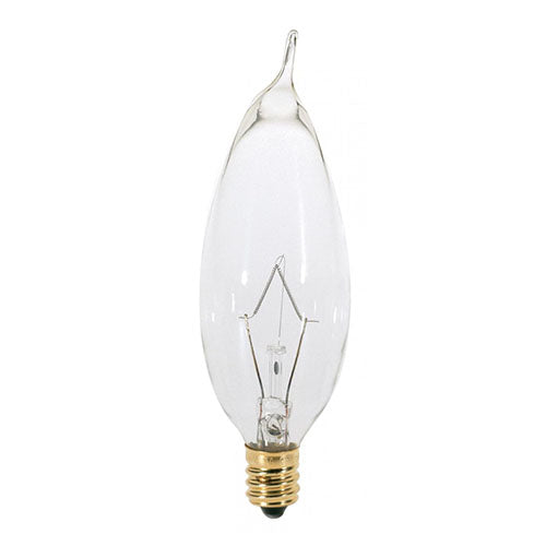 Satco S3774, CA8 Incandescent, 25W, 120V, 2700K Warm White, 210 Lumens, Candelabra E12 Base, Clear Finish, 10 Packs