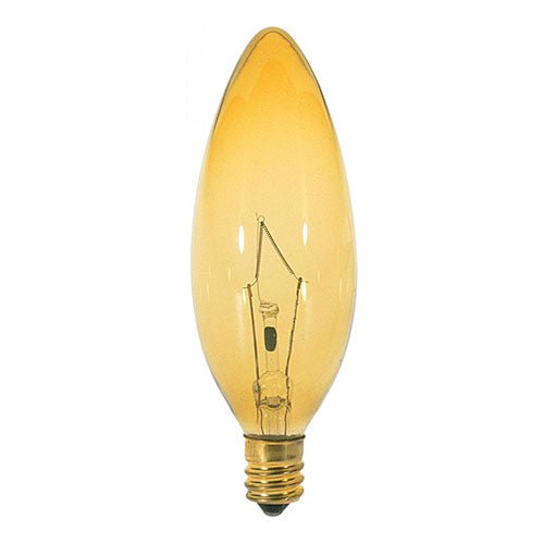 Satco S3813, BA9 1/2 Incandescent, 25W, 120V, Candelabra E12 Base, Transparent Amber Finish, 25 Packs