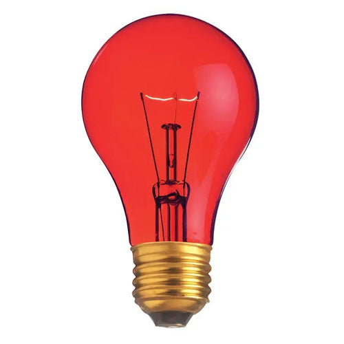 Satco S6080, A19 Incandescent, 25W, 130V, Medium E26 Base, Transparent Red Finish, 24 Packs