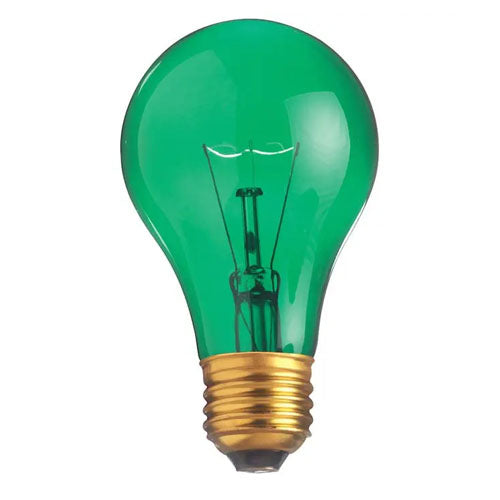 Satco S6081, A19 Incandescent, 25W, 130V, Medium E26 Base, Transparent Green Finish, 24 Packs
