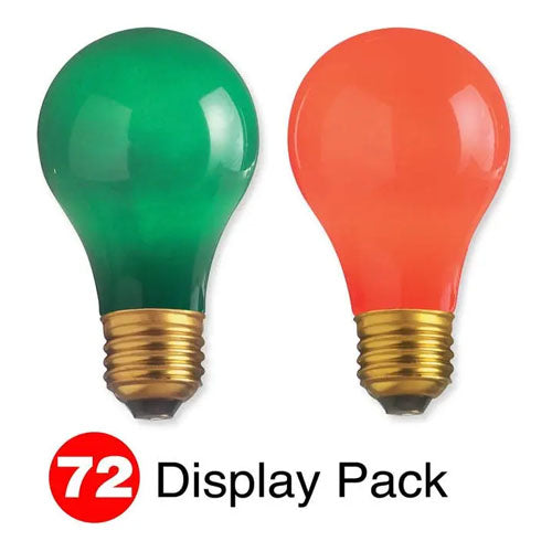 Satco S6096, A19 Incandescent, 25W, 130V, 2700K, Medium E26 Base, Ceramic Finish, 36 Red Packs & 36 Green Packs