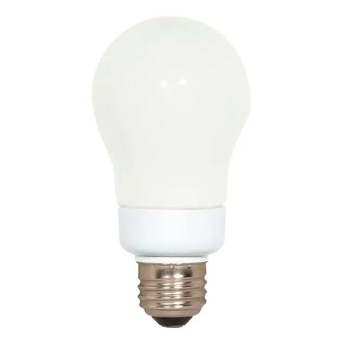 Satco S7282, A19 Compact Fluorescent, 7W, 120V, 4100K Cool White, 400 Lumens, Medium E26 Base, White Finish, 12 Packs